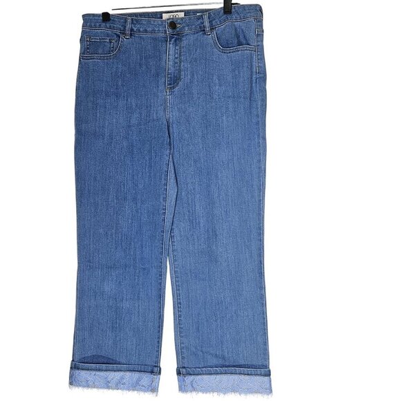 Lori Goldstein Womens Mid Rise Straight Leg Jeans Cropped 12 Lace Hem Blue Denim - Picture 1 of 13